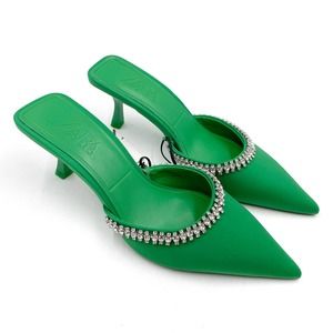 NEW Zara Green Mules Rhinestone Embellished Kitten Heels Pointed Toe Sz 7.5 US